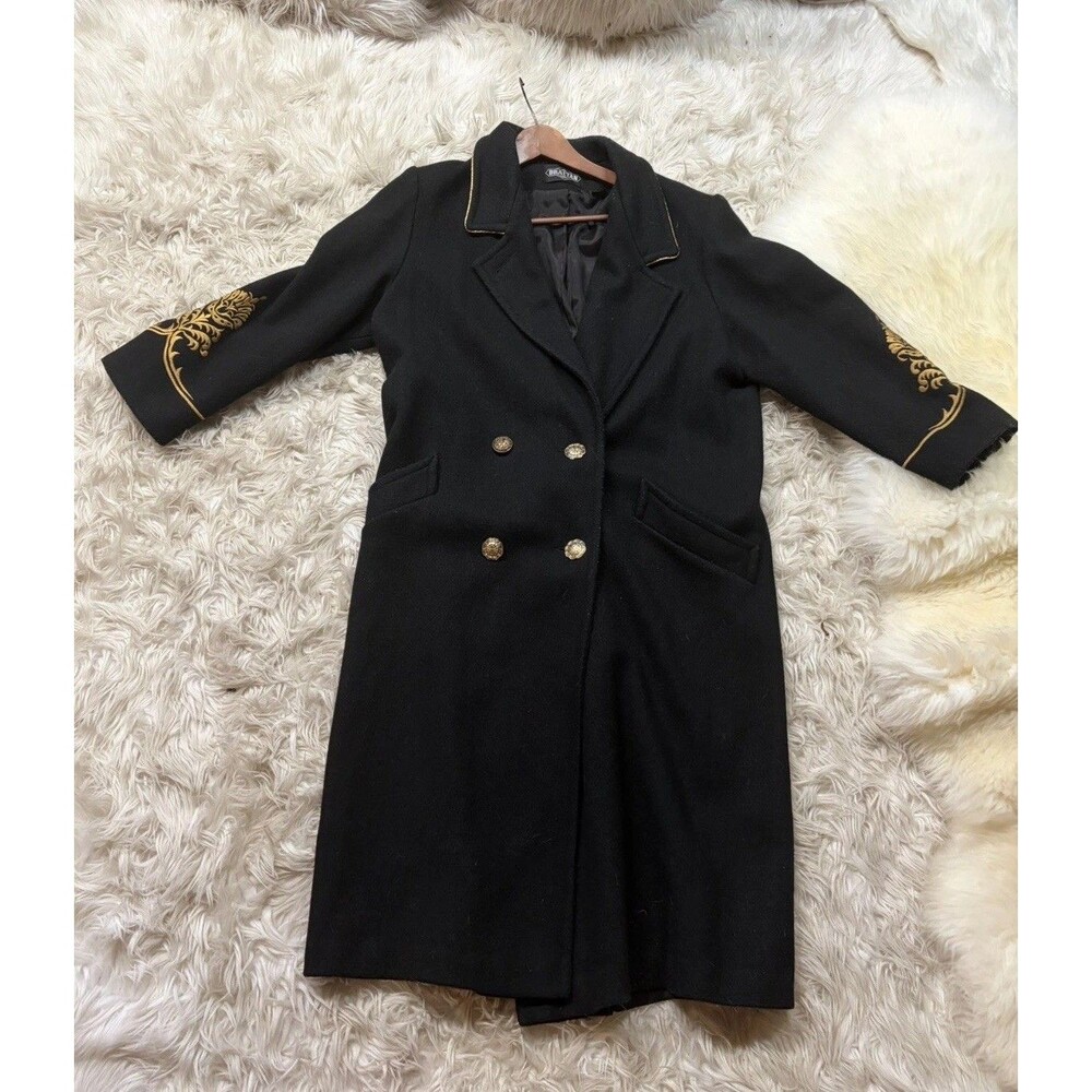 Vtg Braetan Black Wool Coat Gold Embroidery 12 Military Goth Hussar Button
